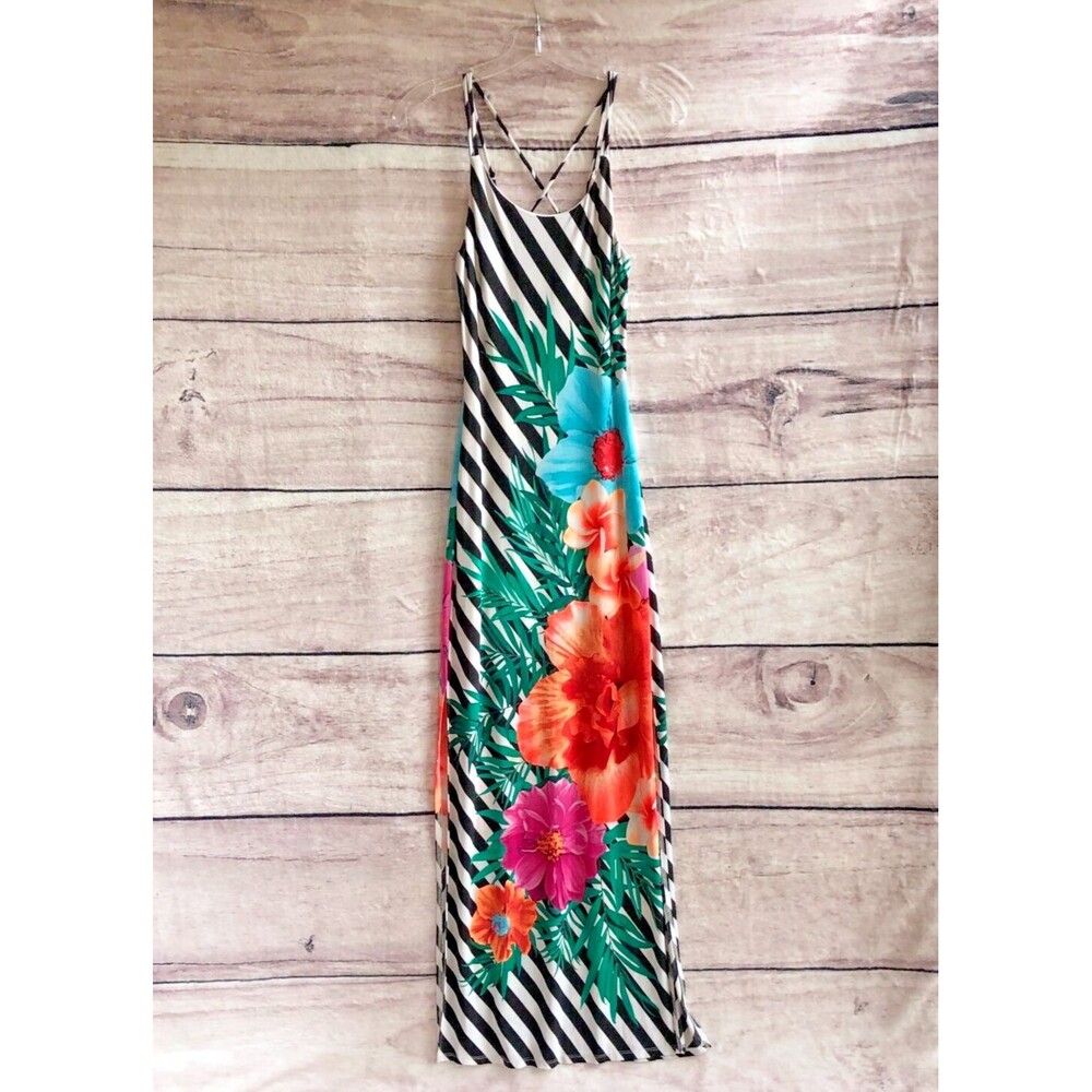 Andrade Hawaiian Maxi Dress Small Striped Hibiscus Floral Bodycon Lined Stretch